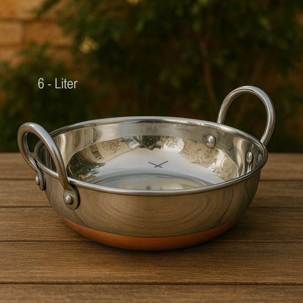KICHENLY Copper Bottom Stainless Steel Kadhai Pot Pans with Handle Kadhai 32 cm diameter 6 L capacity