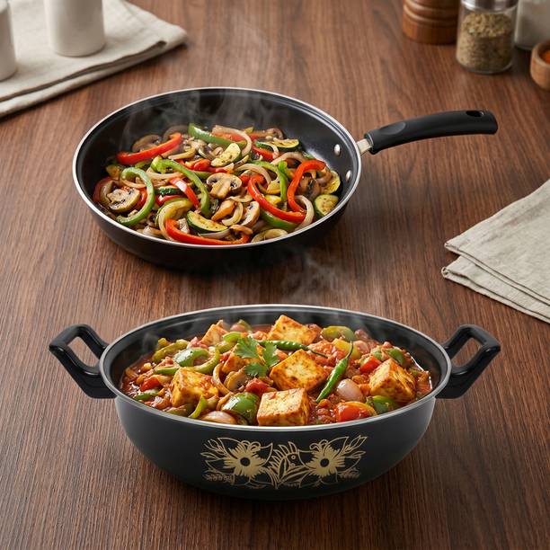 YR Enterprises Induction Base Enamel Non-Stick Lightweight Cookware Combo Set - Kadhai & Kadhai 26.5 cm diameter 3 L capacity