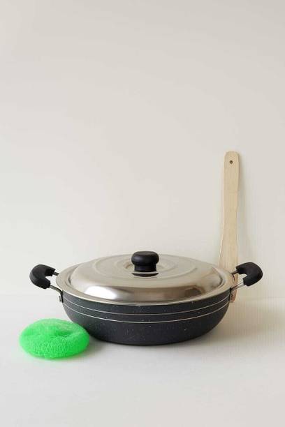 PATALSEVA 2.5 Litre Deep Fry Pan, Non Stick Kadai with Stainless Steel Lid Kadhai 26 cm diameter with Lid 2.5 L capacity