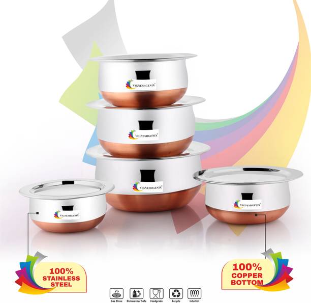 MKIU Stainless Steel Copper Handi 5 Pcs Set lid 1500ML,1100ML,800ML,600ML,400ML Induction Bottom Cookware Set