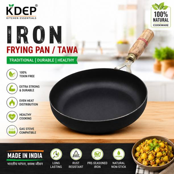 KDEP Iron Frying Pan, Iron Tawa, Wooden Handle Frying Pan, Pre Seasoned Iron Pan Fry Pan 27 cm diameter 1.2 L capacity