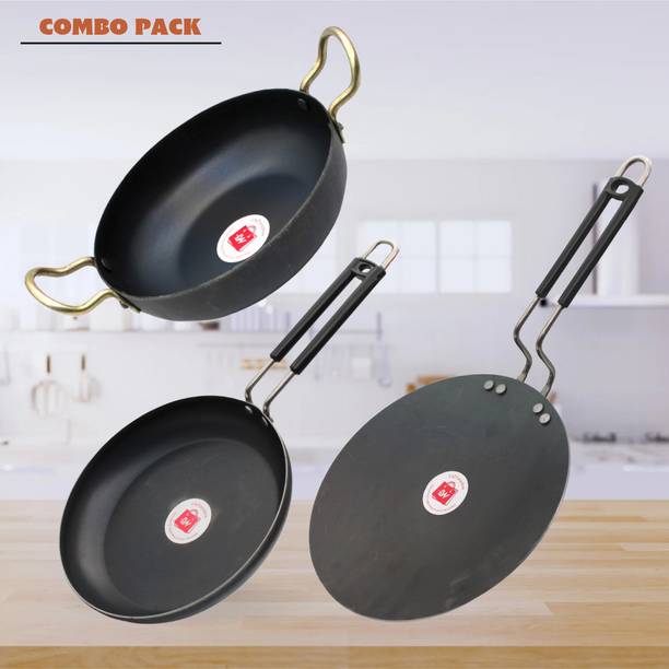 LAZYwindow Traditional Iron Deep Bottom Kadhai, Fry Pan & Tawa with insulated Handle Induction Bottom Cookware Set