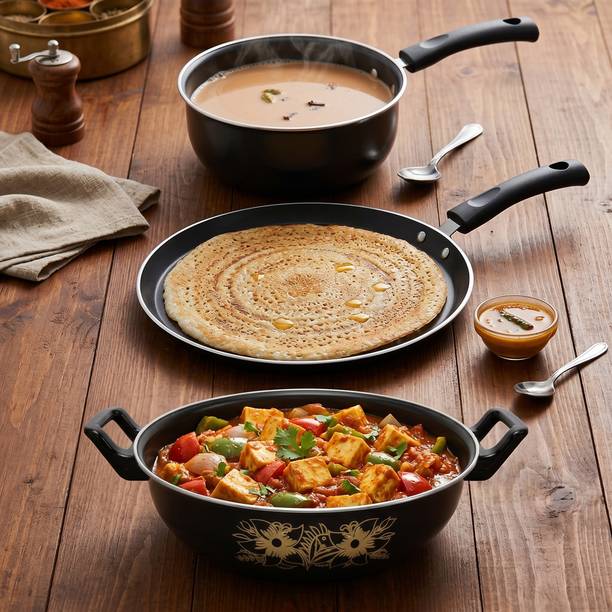 YR Enterprises Induction Base Non-Stick Lightweight Cookware Combo Set - Sauce Pan, Dosa Tawa & Kadhai 26.5 cm diameter 3 L capacity