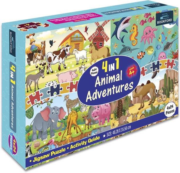 बुकफोर्ड 4 In 1 Animals Adventures Jigsaw Puzzle Game & Fun and Learning