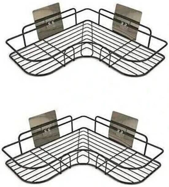 SIYA INFOTECH Self-Adhesive Metal Bathroom Corner Rack Storage Shelves, Shelf Organizer- Black Steel Wall Shelf