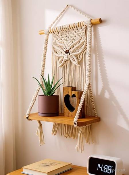 RAKANO Macrame wall Hanging Decor Shelf with Handmade Wooden Wall Shelf