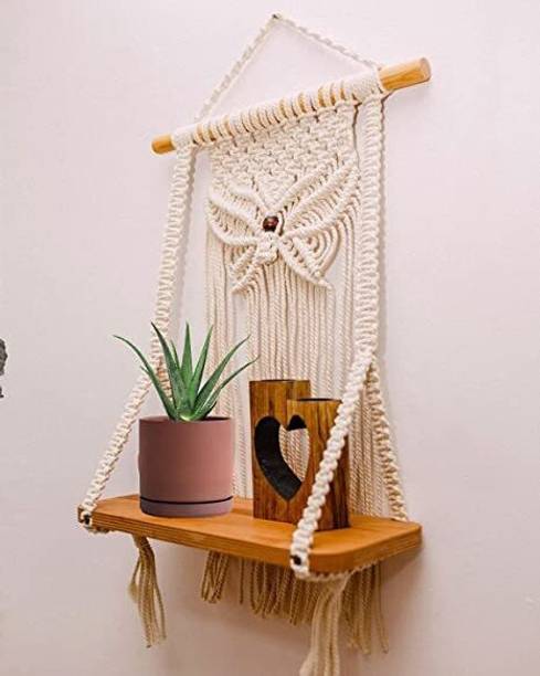 RAKANO Macrame wall Hanging Decor Shelf with Handmade Wooden Wall Shelf