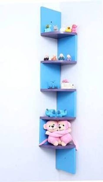 Woodenstores Wooden Zigzag Corner Wall Mount Floating Wall Shelves with Finish 5 Tiers Wooden Wall Shelf