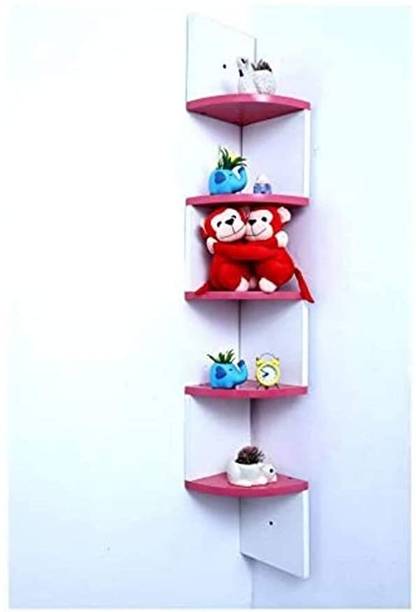 Woodenstores Wooden Zigzag Corner Wall Mount Floating Wall Shelves with Finish 5 Tiers Wooden Wall Shelf