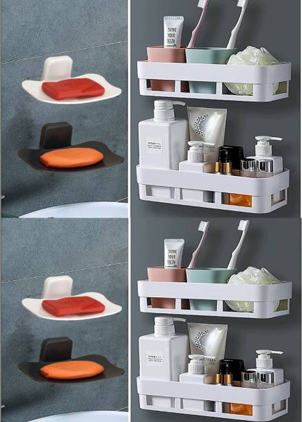 Qrex Bathroom Shelf Storage Rack And Curve Soap Stand With Sticker Plastic Bathroom Set