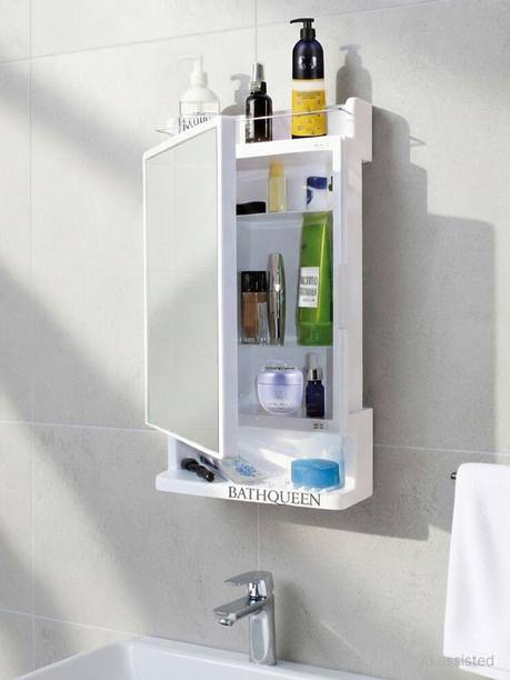 Bath Queen Bathroom Cabinet with Mirror - White Plastic Wall Shelf