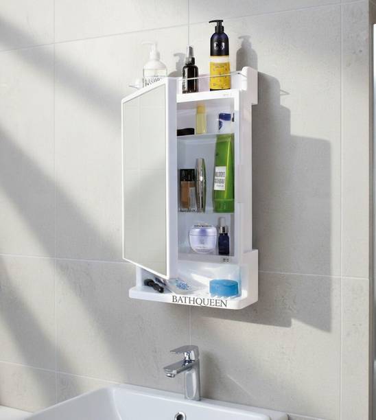 Bath Queen Bathroom Cabinet with Mirror - White Plastic Wall Shelf