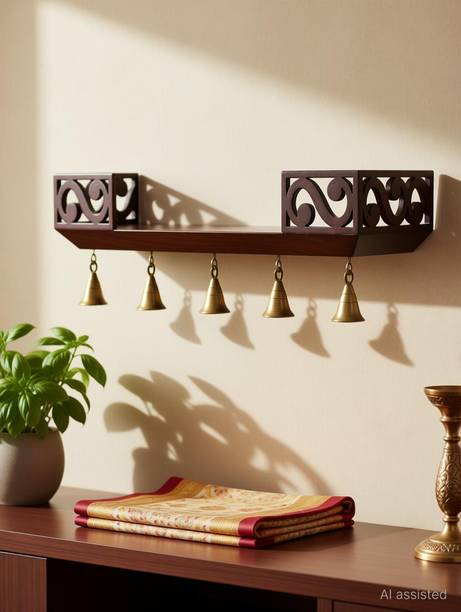 Eco Handicrafts wooden wall temple with bells Wooden Wall Shelf (Number of Shelves - 1, Brown) Wooden Wall Shelf