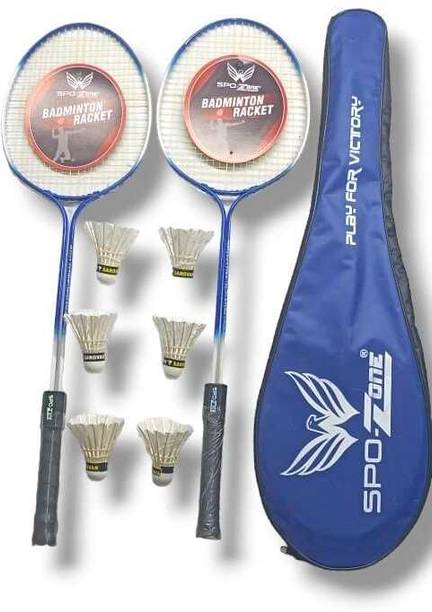 SPO Zone Badminton Racket 2 Pc With Feather 6 Shuttle Cover Blue Strung Badminton Racquet