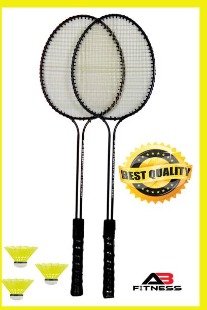 AB FITNESS Double Shaft Badminton Racket Set of 2 Piece with 3 Piece Nylon Shuttles Black Strung Badminton Racquet