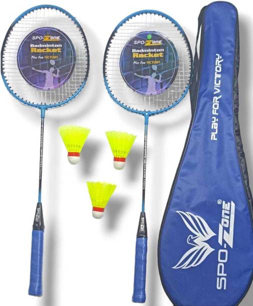 SPO Zone Badminton Kit Combo Set of 2 PC With 3 Shuttle Plastic Full Cover Blue Strung Badminton Racquet