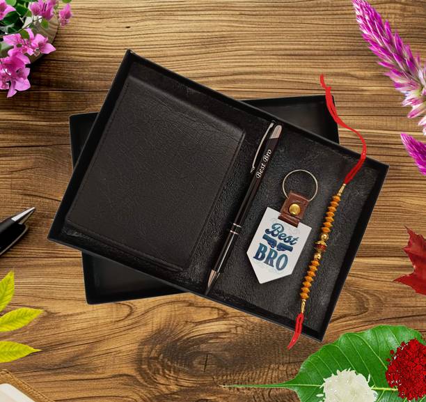 AVTEJRA Designer Mens Casual Black Leather Wallet Metal Pen,Keychain,Gift for Brother Sandalwood Chawal Roli Pack, Pen, Key Ring, Wallet  Set