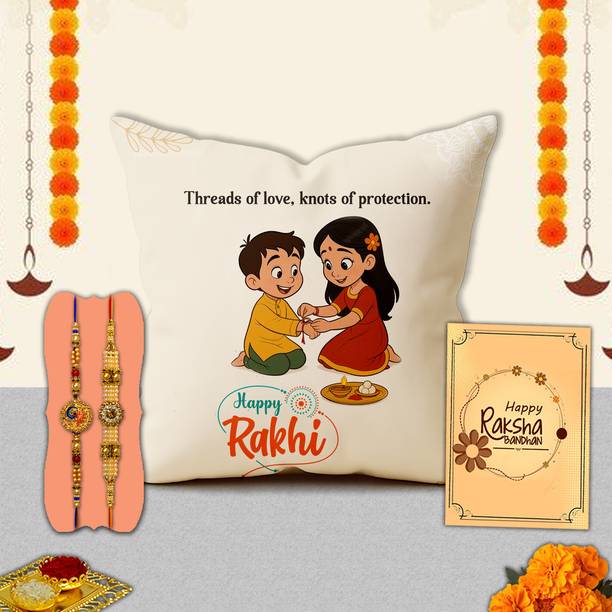 Avirons Thread Elegant Raksha Bandhan Present for Bhai – Satin Cushion Gift Box for Veer Assorted Chawal Roli Pack, Cushion, Rakhi, Greeting Card  Set