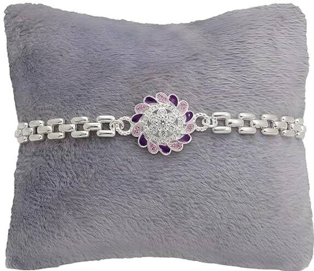 FebTech Bracelet Luxury Designer Bracelet Rakhi for Brother | Silver Chain Rakhi with Purple Pearl Rakhi  Set