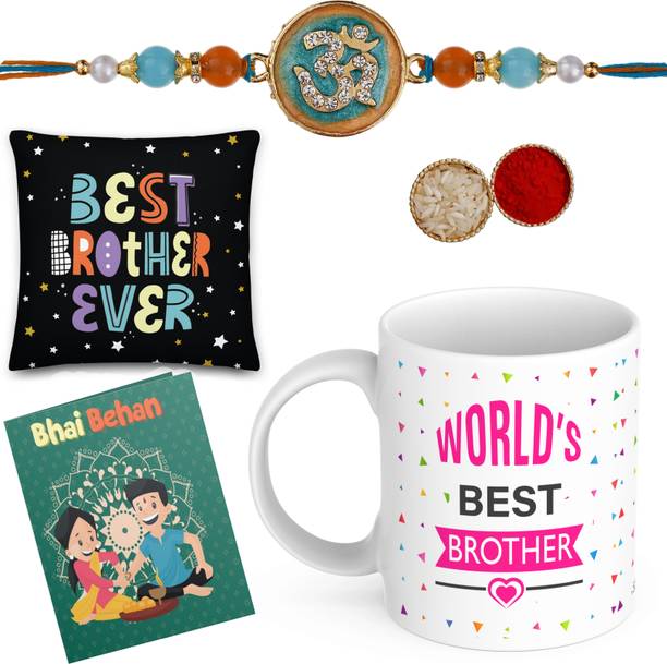 SMD Gifts Mindhal SMD-BestBro52-CS04_P23 Assorted Cushion, Rakhi, Mug, Greeting Card, Chawal Roli Pack Set