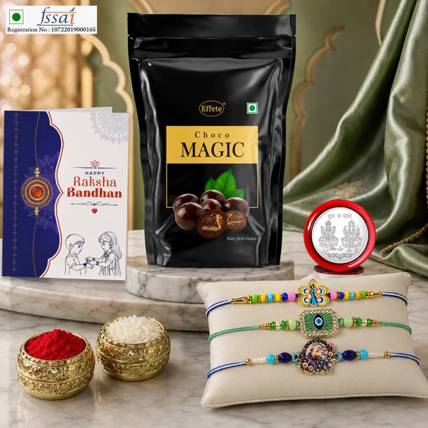 Effete Rakhi With Chocolate|Roli-chawal|Coin|Greeting Card_K3_1066+1011+1058_SM40 Assorted Gift Box
