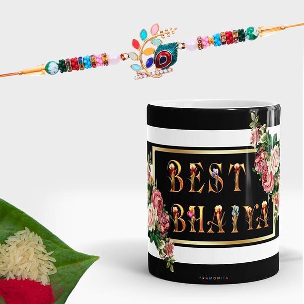 pramonita Designer VJ-M128 Jute Mug, Rakhi, Chawal Roli Pack Set
