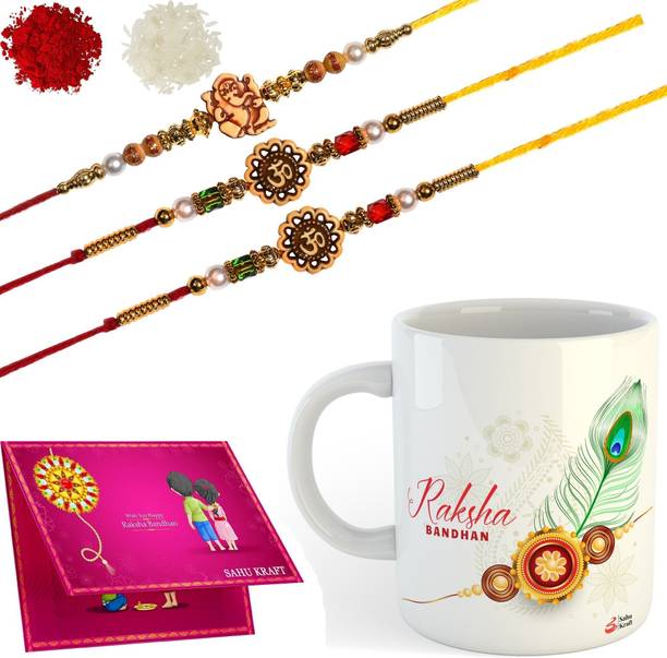 PASHUPATASTRA Designer Rakhi3-D244-005 Kundan Rakhi, Chawal Roli Pack, Greeting Card, Mug  Set