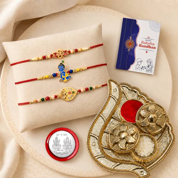 DeoDap Religious Designer Rakhi Set-3 With Pooja Thali|Roli Chaval|K3_282+283+284_AA4 Assorted Greeting Card Set