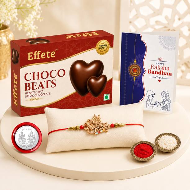 Effete Religious Rakhi Combo with Choco Beats(32gm) |Rakhi for Brother/sister|Rakhi|K1_68_CB32 Assorted Rakhi, Chawal Roli Pack, Coins, Greeting Card Set