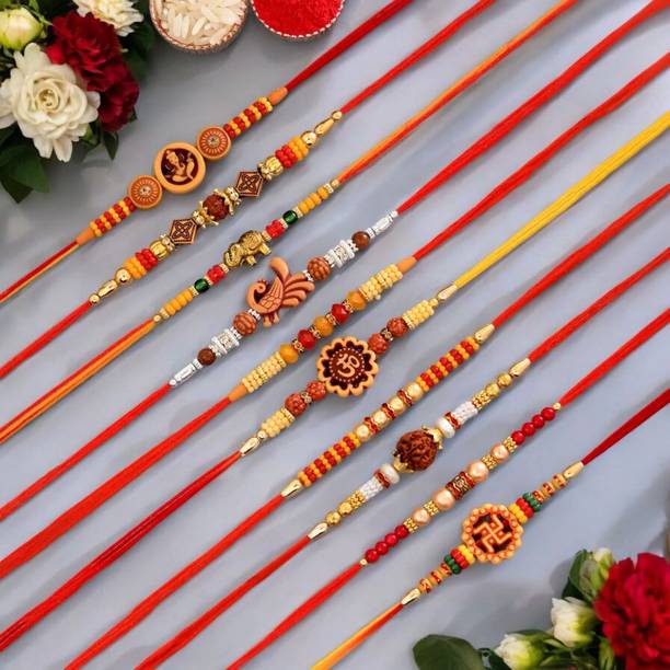 LeafBlu Designer DESIGN-1002-Unique Rakhi (pack of 10) Mauli Thread Rakhi, Greeting Card, Chawal Roli Pack  Set