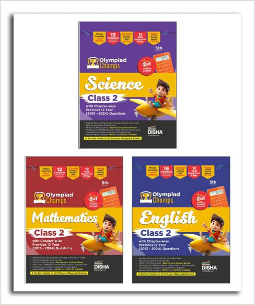 Disha Combo Class 2 (set of 3 books) Olympiad Champs Science, Mathematics & English with Chapter-wise Previous 12 Year (2013 - 2024) Questions 5th Edition