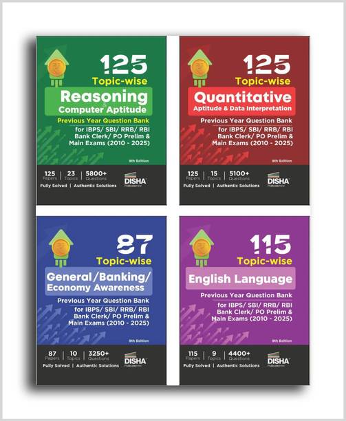 Combo (set of 4 Books) 125 Topic-wise Reasoning/ Quantitative Aptitude/ English/ General Awareness Solved Papers for IBPS/ SBI/ RRB/ RBI Bank Clerk/ PO Prelim & Main Exams (2010 - 25) 9th Edition