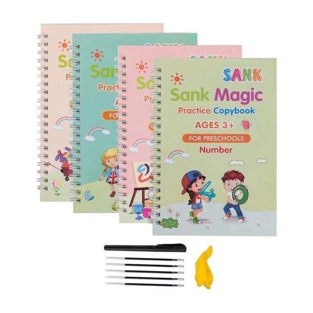 Manogyam Magic Practice Copybook For Kids - Handwriting Practice For Kids, Reusable Children's Calligraphy Letter Tracing - Early Education Writing Practice Book - Sank Letters (4 Books With Pens)