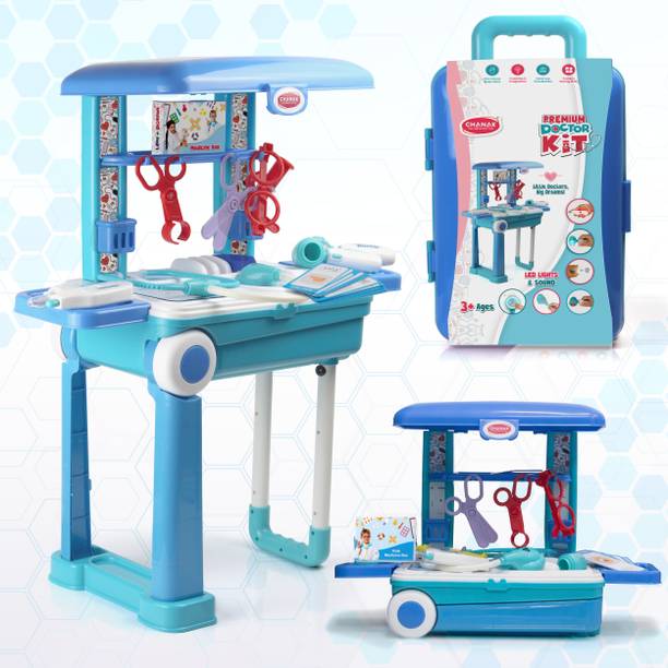333MART Doctor Set Trolley for Kids LED Light Instruments 13 Piece Doctor Kit (Blue)