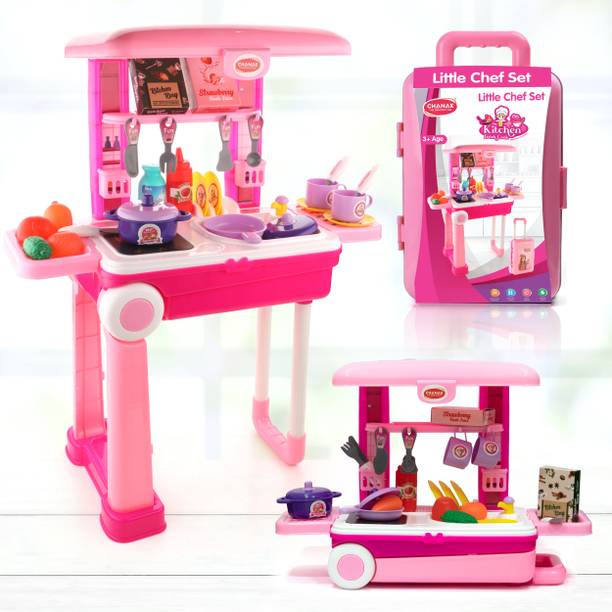 Aditi Toys Kitchen Suitcase Cooking Set for Girls On Wheels 24 Pieces Kitchen Set Trolley