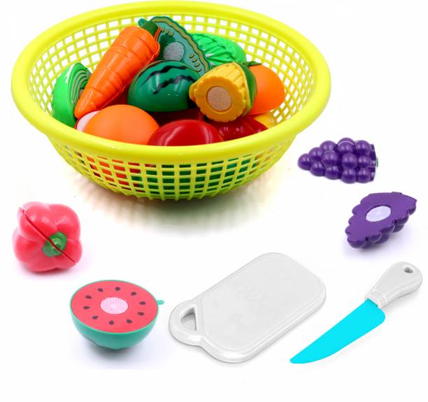 333MART Fruits & Vegetables Set One Basket with Chopper Board & Knife for Kids (Yellow)
