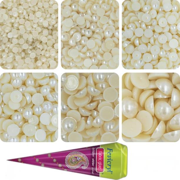 Shree ArtnCraft 4mm-12mm Half Round Off-White Pearl Beads (10g each) With Fabric Glue Cone
