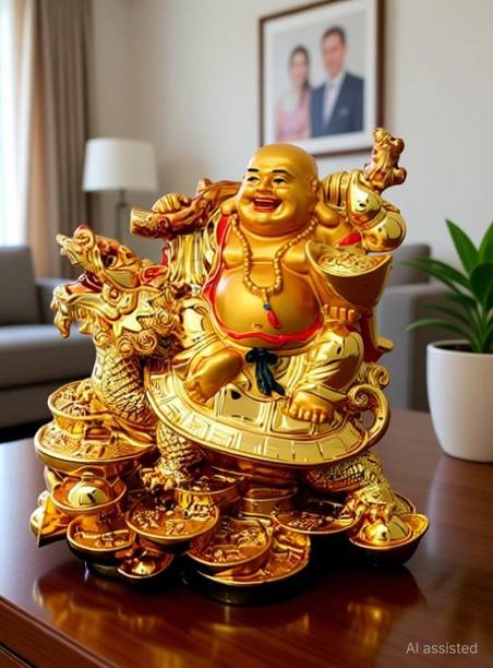 Feng Shui Art Vastu / Laughing Buddha Sitting on Dragon Tortoise For Happiness, Wealth & Good luck Decorative Showpiece  -  11 cm