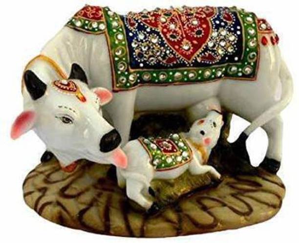 AfriHandicraft Decorative Cow and Calf Big Statue, Marble dust, Poly-Resin,Spiritual Vastu Nandi Pooja Figurine Sculpture, Kamdhenu Designer Stone Studded Gau MATA Animal Puja Idol Gift ans Home डेकोरेटिव शोपीस - 12.5 cm
