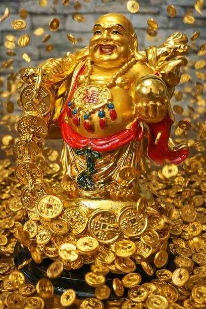IDOLO Vastu/Feng Shui - Laughing Buddha Holding Gold Coins & Prosperity, Home Decorative Showpiece  -  16.51 cm