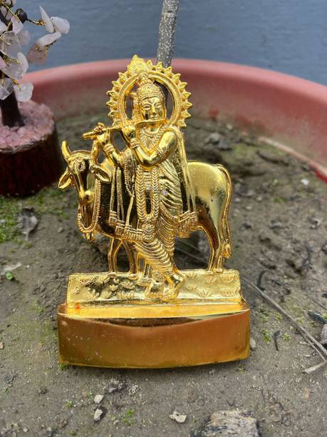 VALUE CRAFTS Krishna with Cow Decorative Statue, Hindu Religious Idol, Metal Figurine Decorative Showpiece  -  10.8 cm