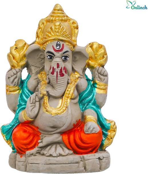 B S NATURAL Eco-Friendly Ganesha Statue Mitti Ganpati With Roli Chawal And Marigold Seed Decorative Showpiece  -  10 cm