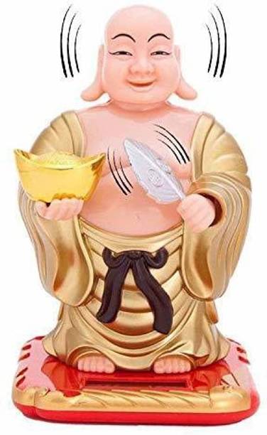 jangra PNOTED Solar Laughing Buddha Holding Ingot & Waving Fan and Moving Head Idol Decorative Showpiece  -  10 cm
