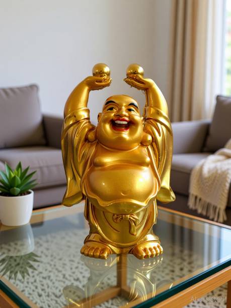 Varanasi Enterprises Golden Laughing Buddha with ingot Decorative Showpiece - 10 cm