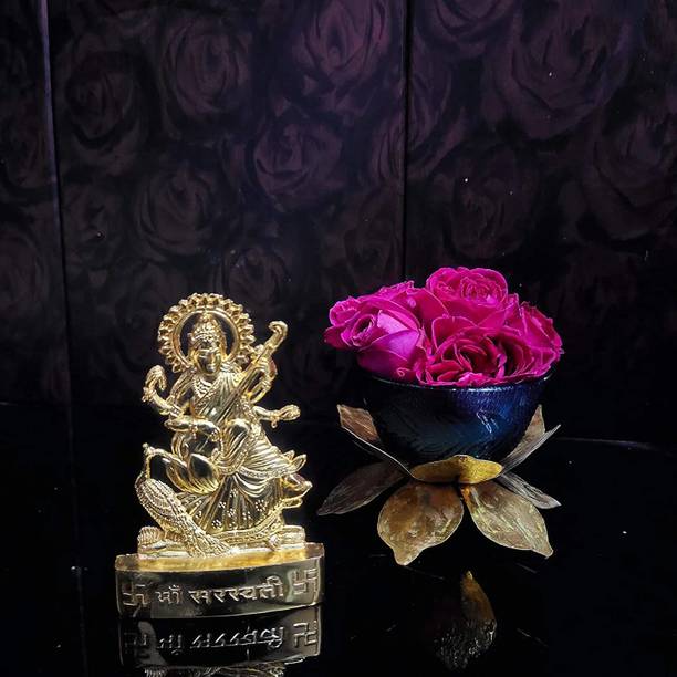 BUY N RELAX Metal Goddess Maa Saraswati Statue Study Devi Spiritual Puja Vastu Decorative Showpiece  -  11 cm