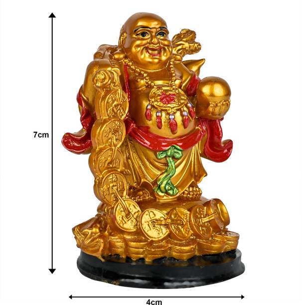 KHURSHID Feng Shui Vastu Golden Laughing Buddha Idol Lucky Man Statue For Office, Home Decorative Showpiece  -  7 cm