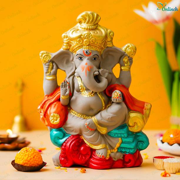 B S NATURAL Eco-Friendly Ganesha Statue Mitti Ganpati With Roli Chawal And Marigold Seed Decorative Showpiece  -  23 cm