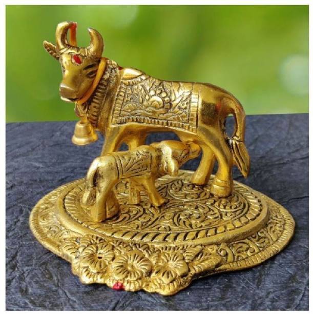 DvR ClicK Kamdhenu Cow Brass Idol|Kamdhenu Cow and Calf Statue Decorative Showpiece  -  5 cm
