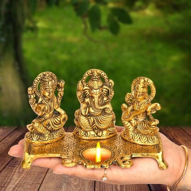 VALUE CRAFTS Metal Lakshmi Ganesha Saraswati Idol with Diya Decorative Showpiece  -  2.8 cm