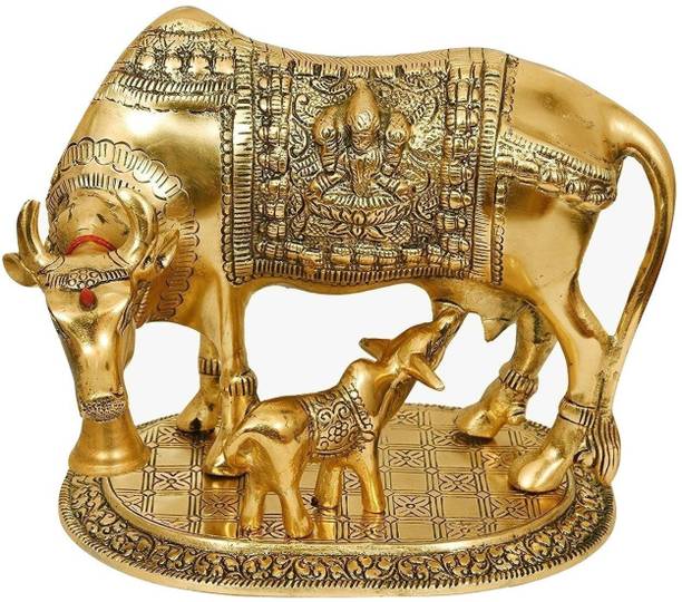 ADIYOGI Metal Golden Kamdhenu Cow With Calf Statue (Wish Cow) Decorative Showpiece  -  18 cm